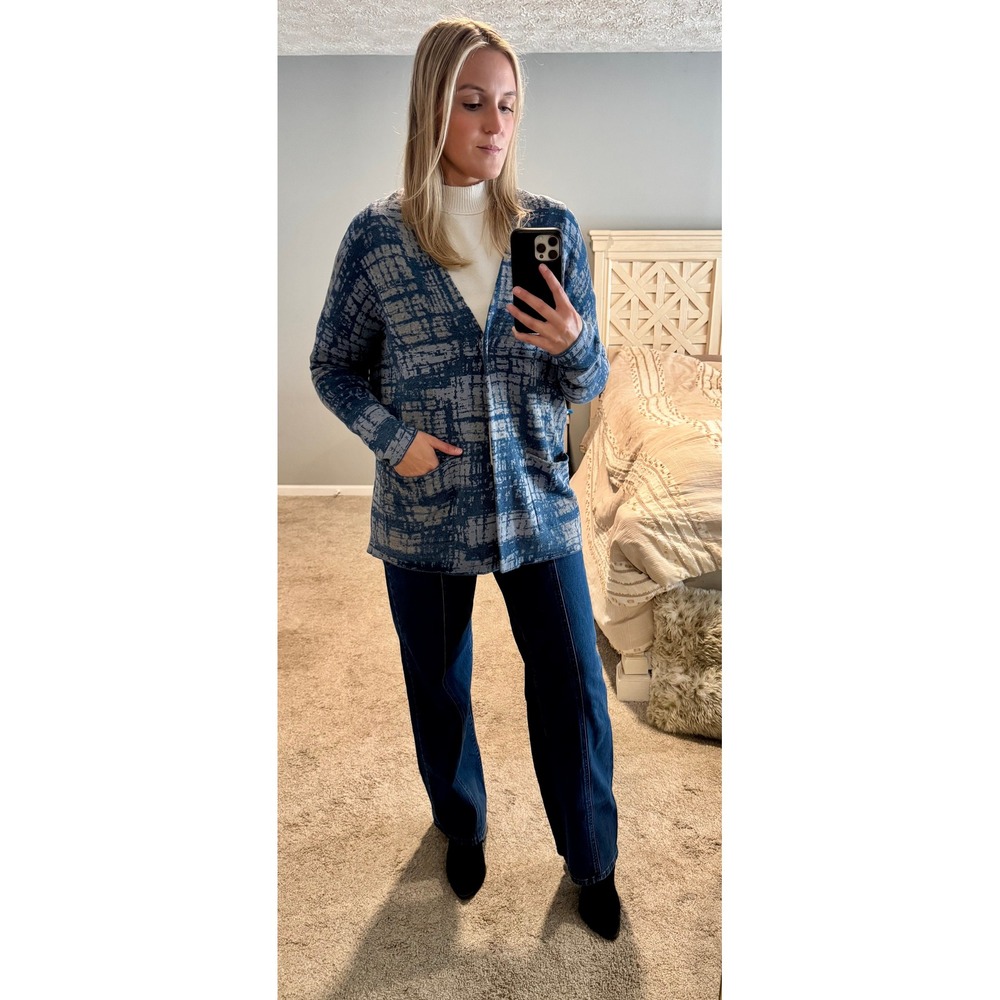 Pure Jill Indigo Blue Gray Abstract Grid Snap Front Cardigan Sweater Small